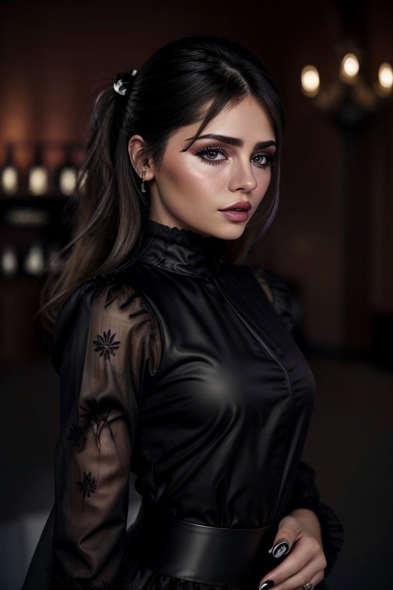 (scratchboard style, monochrome, texture, highly detailed, engraving:1.15), close range <lora:sd15_locon_JessyHartel_32_v2-000010:.9> JessyHartel wearing makeup plum lipstick wing eyeliner, focus on face, wearing a maid dress <lora:victorian_maid-1.0:0.8> , her hair is styled as wispy bangs hair,