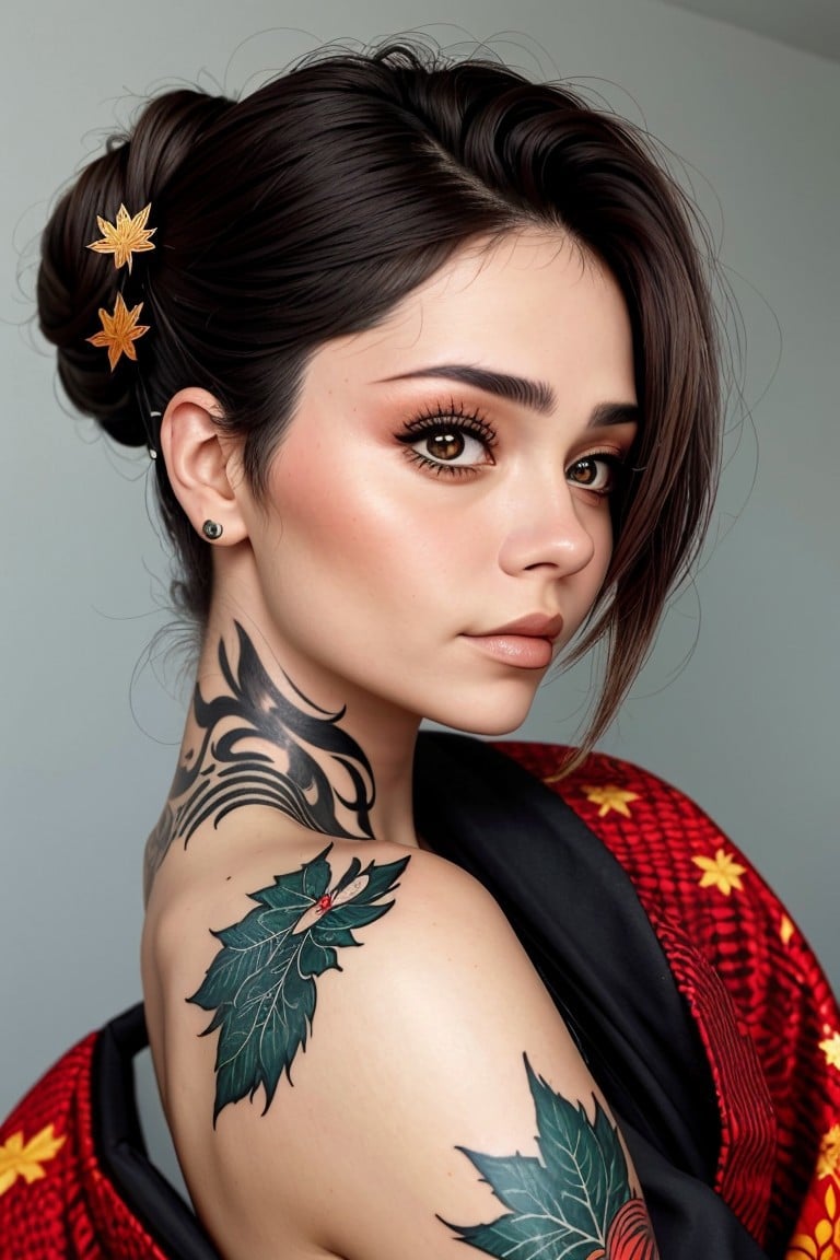 body art, tattoo style, detailed, inked, headshot photo of <lora:sd15_locon_JessyHartel_32_v2-000010:.9> JessyHartel, focus on face, wearing a maple leaf print kimono , her hair is styled as Straight Lob,