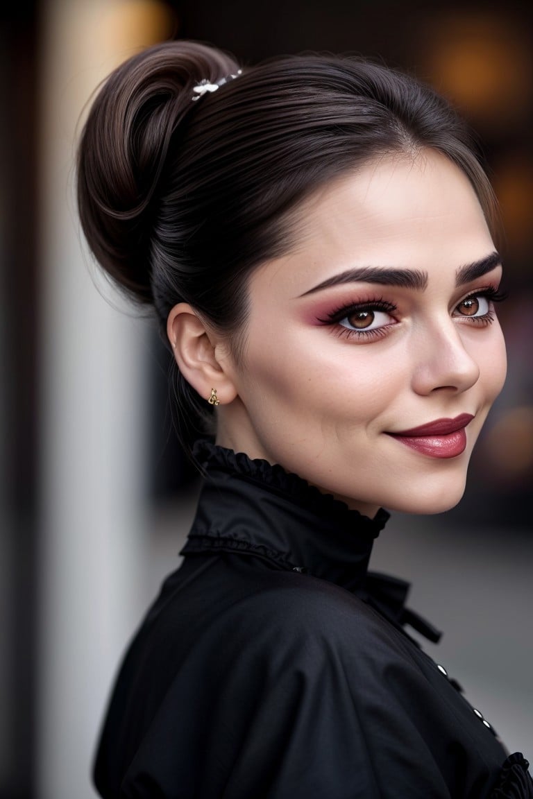 close range photo of <lora:sd15_locon_JessyHartel_32_v2-000010:.9> JessyHartel wearing makeup plum lipstick wing eyeliner open mouth, focus on smiling face, side view wearing victorian clothing , her hair is styled as slicked-back ponytail hair,