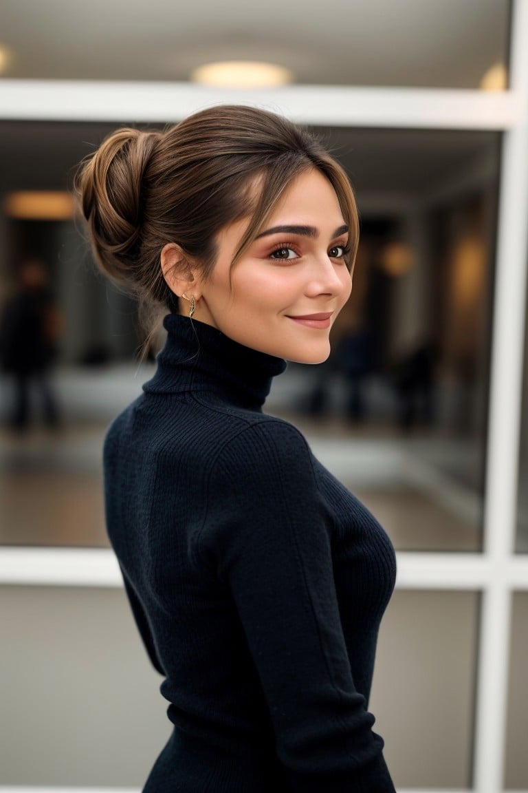 breathtaking, award-winning, professional, highly detailed, close range photo of <lora:sd15_locon_JessyHartel_32_v2-000010:.9> JessyHartel, focus on smiling face, from behind wearing a turtleneck , her hair is styled as Curly Chignon,