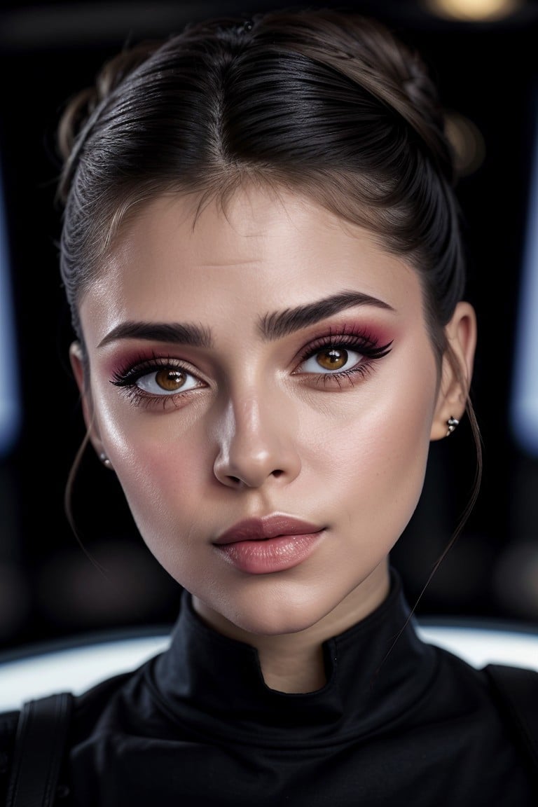 breathtaking, award-winning, professional, highly detailed, headshot photo of <lora:sd15_locon_JessyHartel_32_v2-000010:.9> JessyHartel wearing makeup plum lipstick wing eyeliner open mouth, focus on face, wearing a star trek uniform , her hair is styled as braided bun,