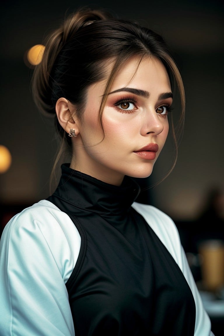 (high angle, closeup on face:1.2) photo of <lora:sd15_locon_JessyHartel_32_v2-000010:.9> JessyHartel wearing makeup plum lipstick wing eyeliner open mouth, from behind, she is wearing paw print cropped jacket (bolero) , her hair is styled as Straight Ponytail, BREAK she is (in the dining room:1.1), high key brightly lit, Cinestill 800T ,shot on Bolex H16 ,sepia tone,50mm ,