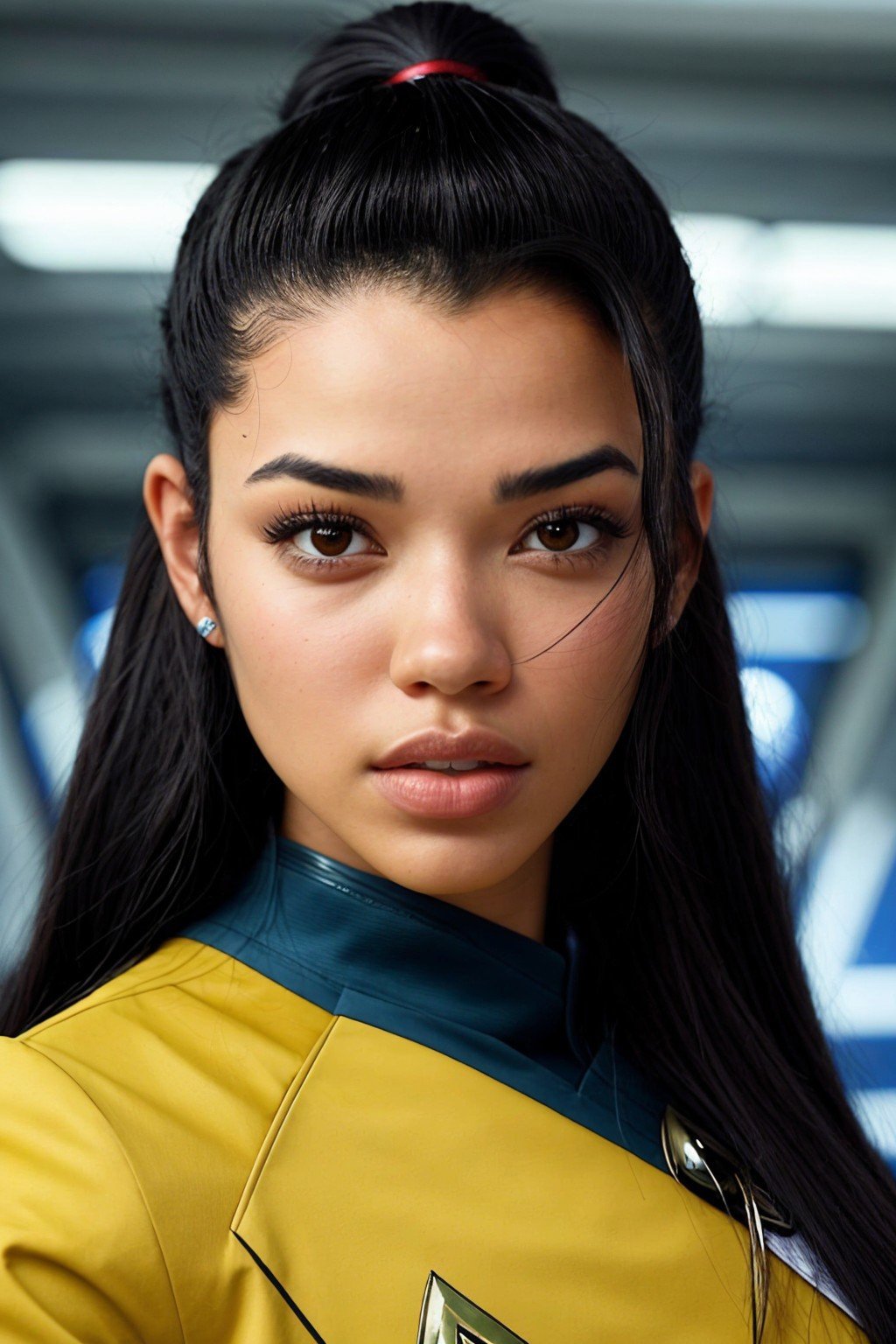 close range of photo of <lora:sd15_locon_RayBitancourt_32_v1:.9> RayBitancourt, focus on face, wearing a star trek uniform , her hair is styled as Straight Half-Up Half-Down,