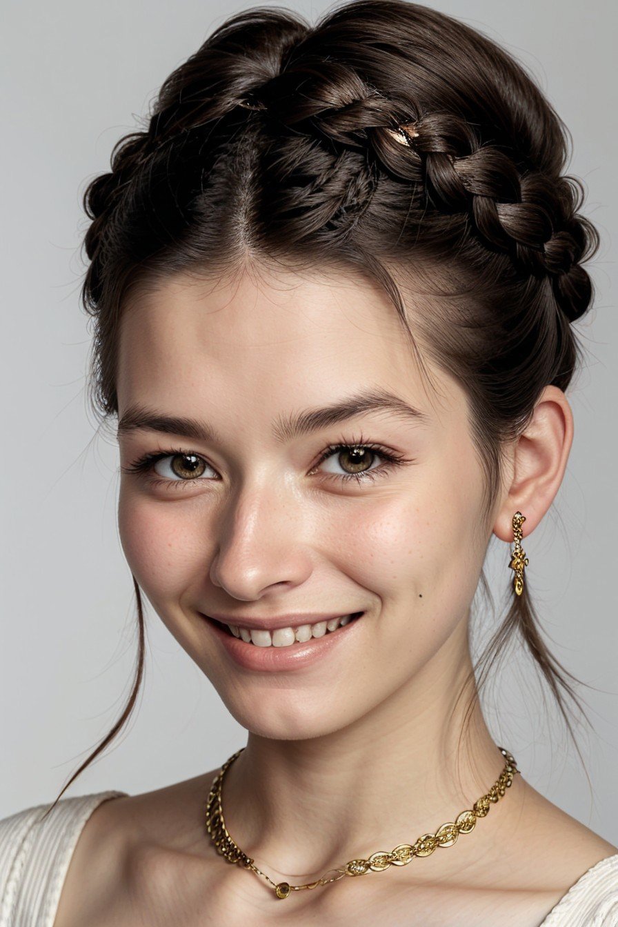 photo of <lora:sd15_PatiTonin_locon_24_v1:.9> PatiTonin, focus on eyes, close up on face, grinning, wearing jewelry, hair styled as dutch braided chignon,