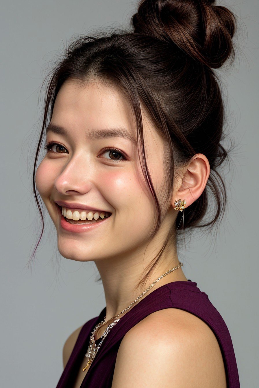 photo of <lora:sd15_PatiTonin_locon_24_v1:.9> PatiTonin, focus on eyes, close up on face, laughing, wearing jewelry, pale plum color hair styled as voluminous bun,