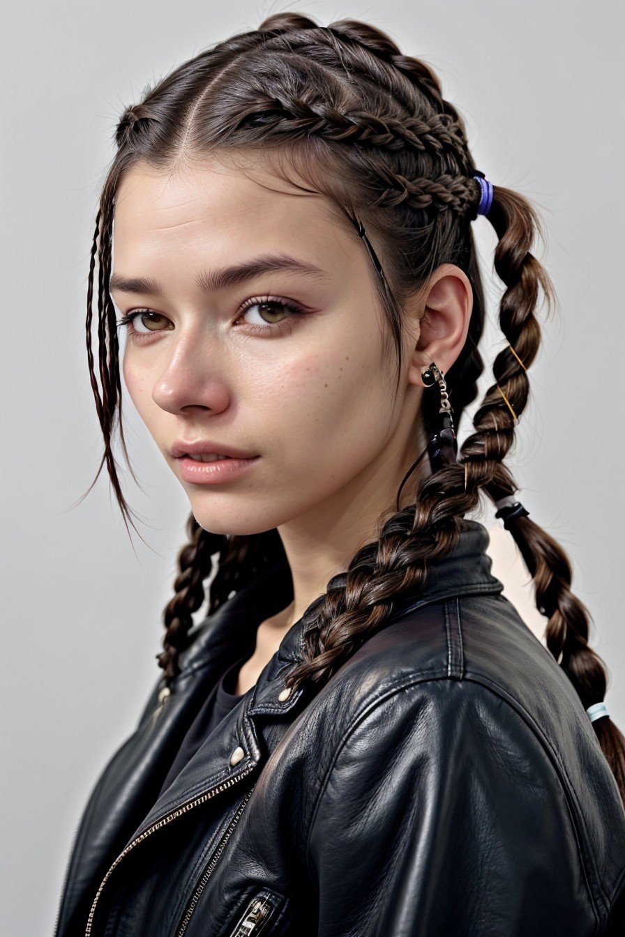 close range of photo of <lora:sd15_PatiTonin_locon_24_v1:.9> PatiTonin, focus on face, wearing a leather jacket , her hair is styled as cornrows braid,