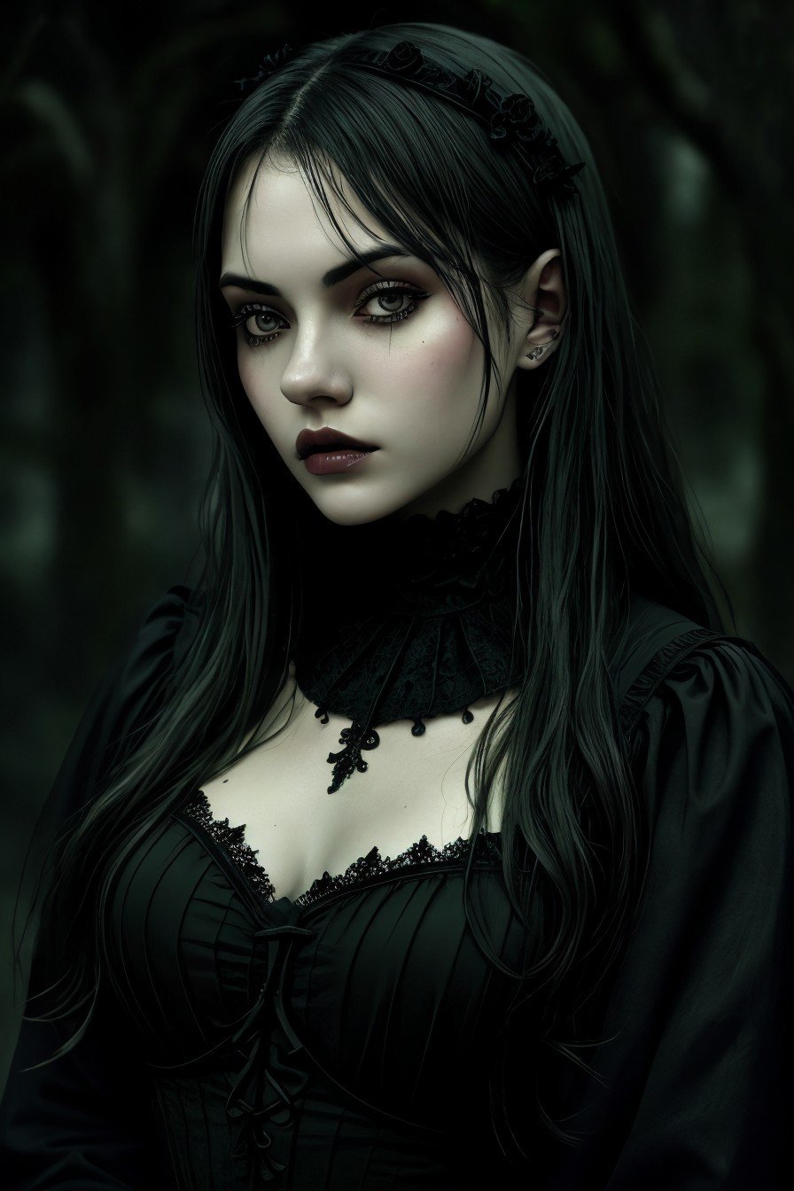 (gothic rendition, dark, macabre, highly detailed, brooding:1.15), <lora:sd15_Lena_locon_24_v1:.9> Lena , focus on eyes, close up on face, pouting, wearing jewelry, swamp green color hair styled as wet look hair, desaturated grunge filter