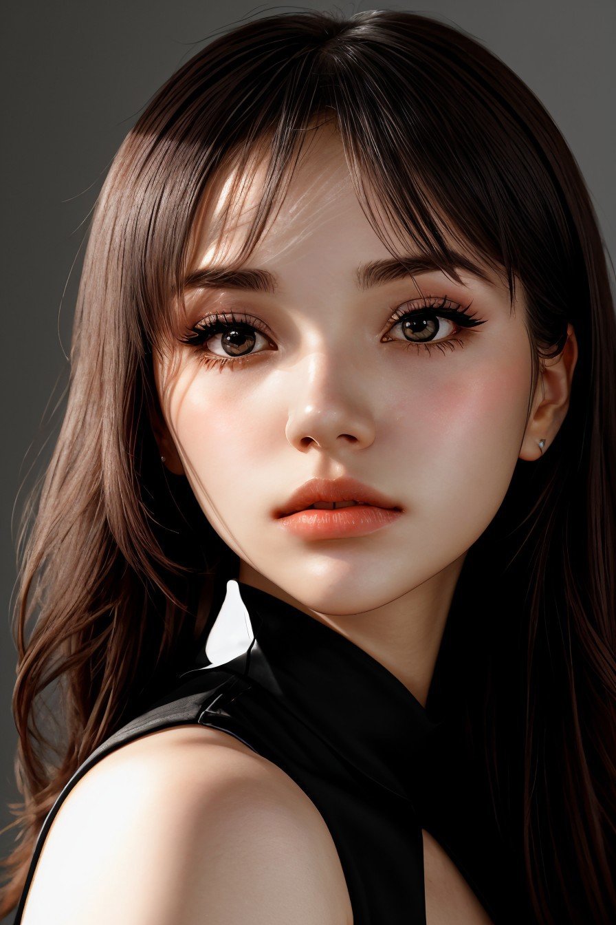 (silhouette style, black and white, contrast, simple:1.15), <lora:sd15_Lena_locon_24_v1:.9> Lena wearing makeup, focus on eyes, close up on face, pouting, Peach rose color hair styled as Straight Curved Bangs, lens flare
