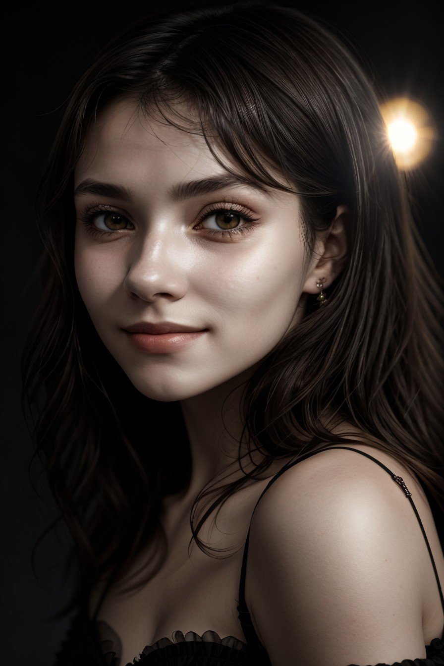 chiaroscuro portrait, high contrast, dramatic, Rembrandt lighting, photo of <lora:sd15_Lena_locon_24_v1:.9> Lena, focus on eyes, close up on face, smiling, hair styled as sunkissed hair, lens flare