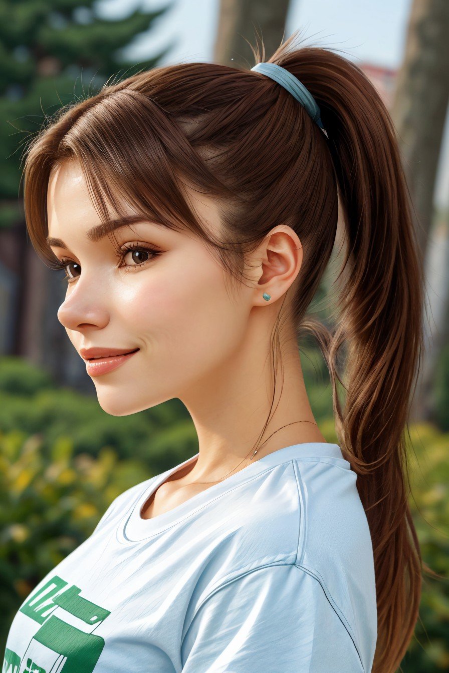 (vexel style, sharp, clean, vector-based, highly detailed:1.15), headshot of <lora:sd15_Lena_locon_24_v1:.9> Lena , focus on smiling face, side view wearing a tshirt and jeans , her pine color hair is styled as Straight Ponytail,