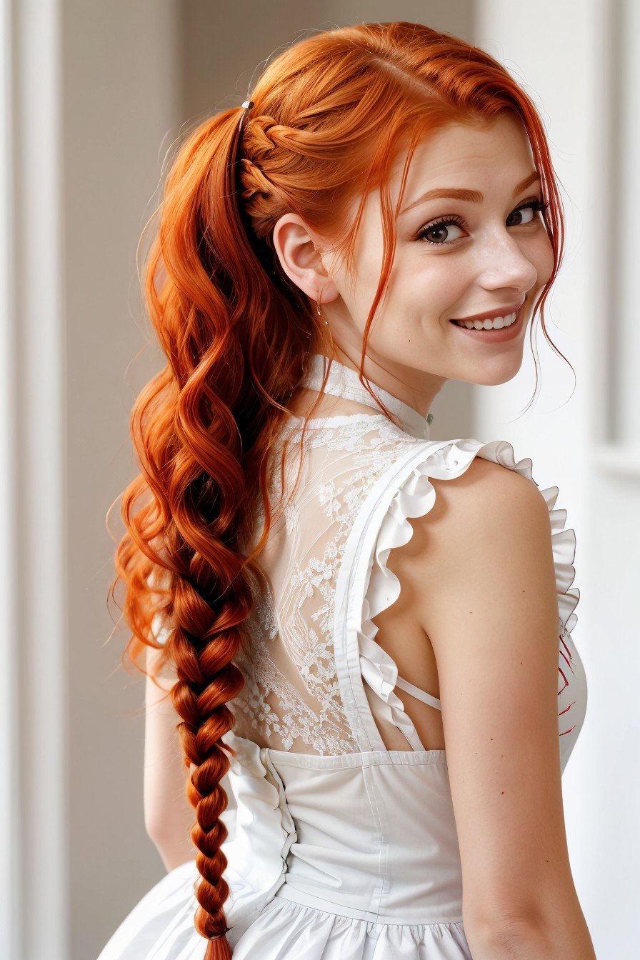 headshot of photo of <lora:sd15_KaterinaSoria_locon_24_v1:.9> KaterinaSoria red hair, focus on smiling face, from behind wearing a maid dress <lora:victorian_maid-1.0:0.8> , her hair is styled as ladder braid,