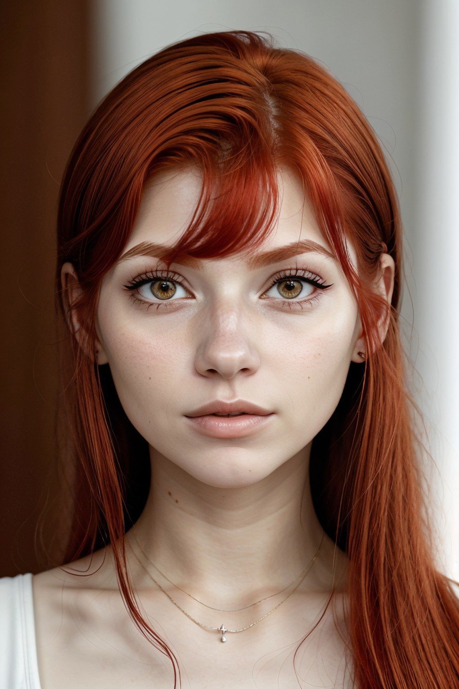 photo of <lora:sd15_KaterinaSoria_locon_24_v1:.9> KaterinaSoria red hair, focus on eyes, close up on face, hair styled as Straight Asymmetrical Bangs,