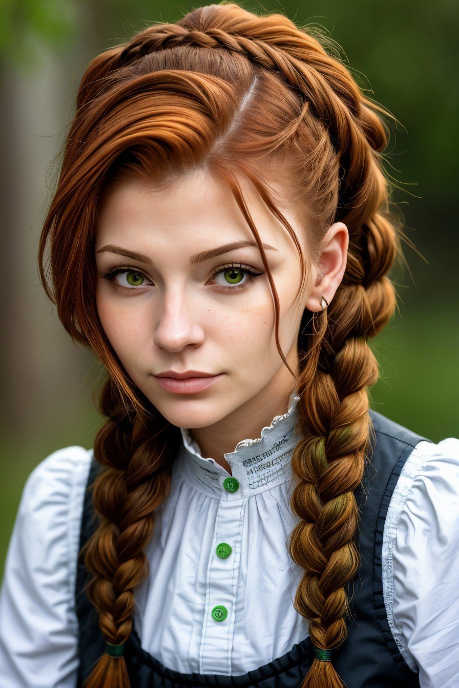 crypto art style, digital, vibrant, blockchain, detailed, headshot of photo of <lora:sd15_KaterinaSoria_locon_24_v1:.9> KaterinaSoria brown hair, focus on face, wearing victorian clothing , her lichen green color hair is styled as Straight Fishtail Braid,