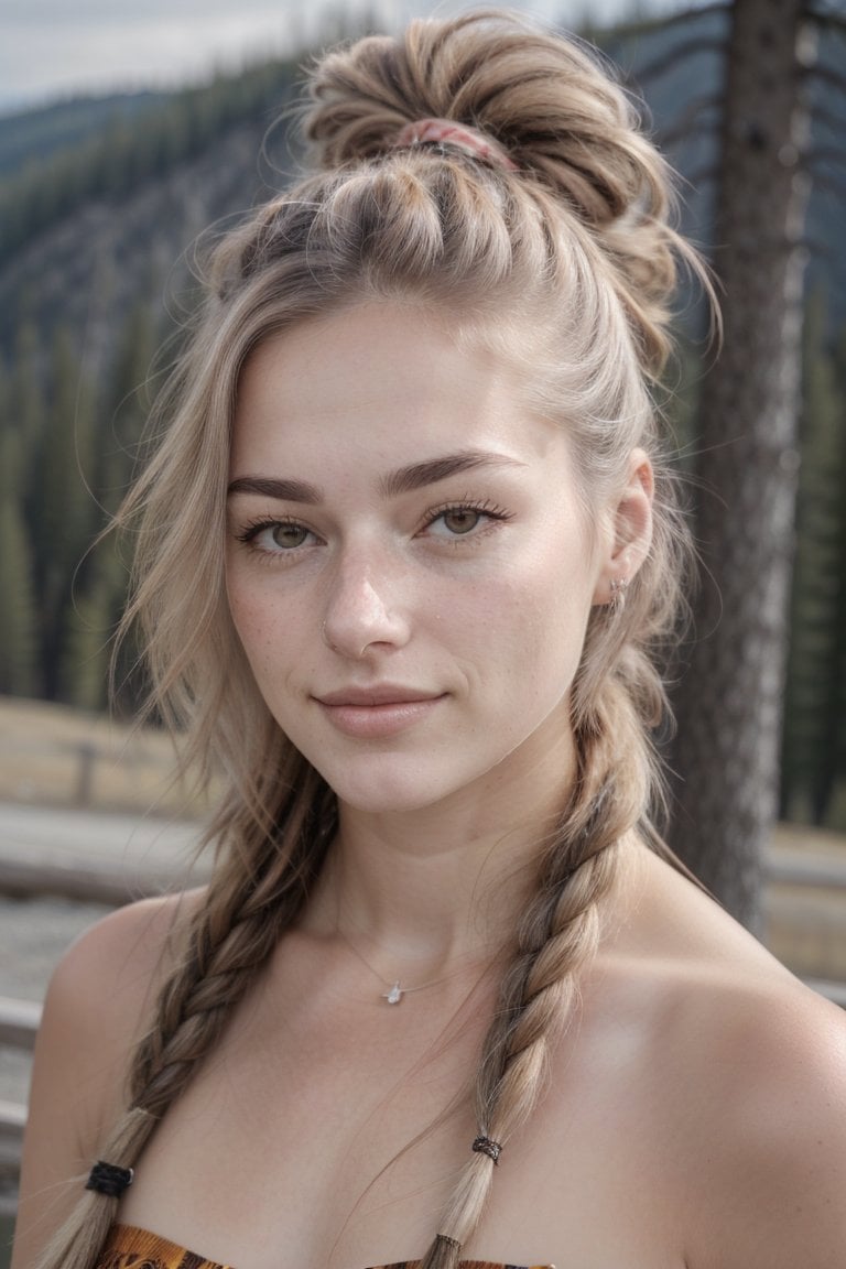 (from below, head shot:1.2) photo of <lora:GeorgiaEllenwood_v1:0.9> GeorgiaEllenwood,        she is wearing animal costume          ,        her hair is styled as dutch braided chignon,        she is wearing wrist scrunchie,        BREAK she is (in yellowstone national park:1.1),        high key brightly lit,