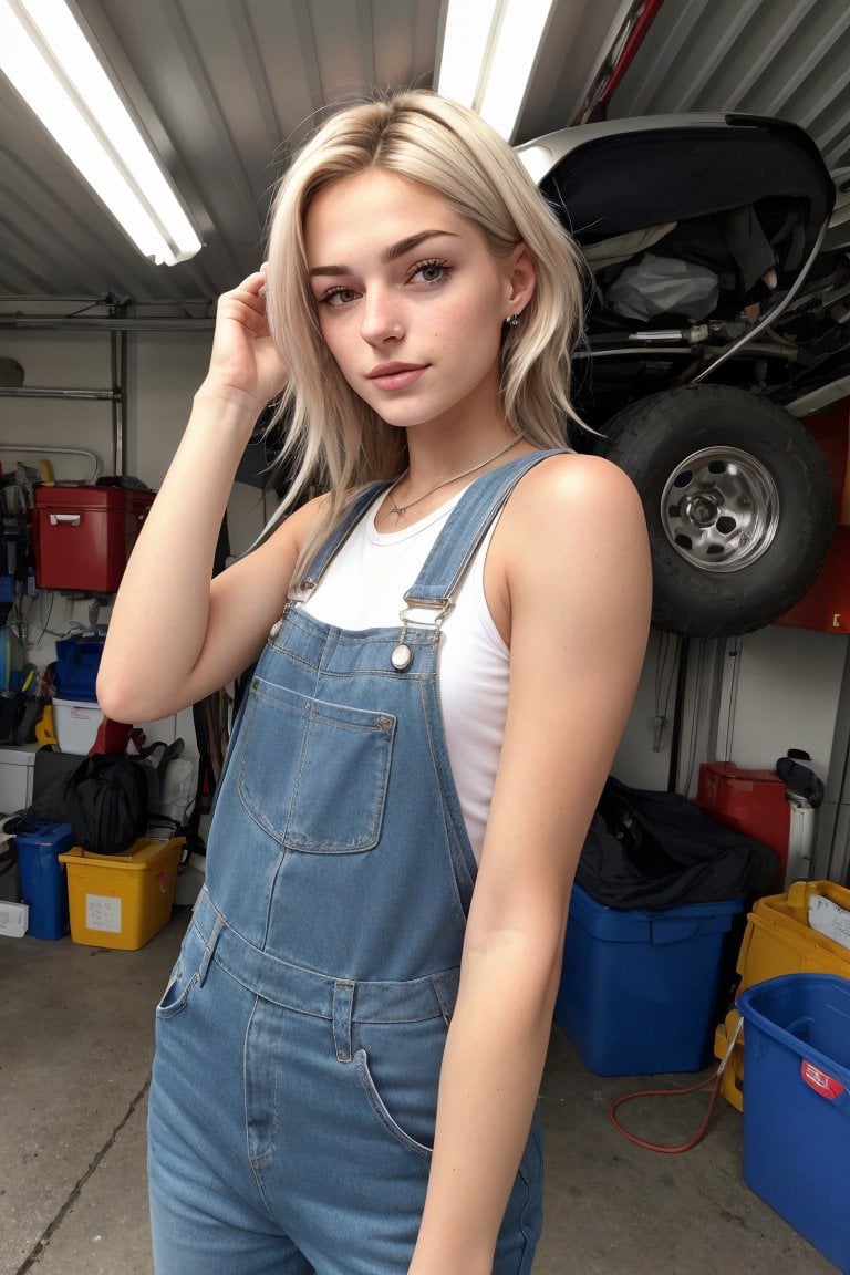 (from below, upper body:1.2) photo of <lora:GeorgiaEllenwood_v1:0.9> GeorgiaEllenwood,        she is wearing overalls          ,        her hair is styled as Straight Half-Up Half-Down,        she is wearing belt,        BREAK she is (in the garage:1.1),        low key lighting,