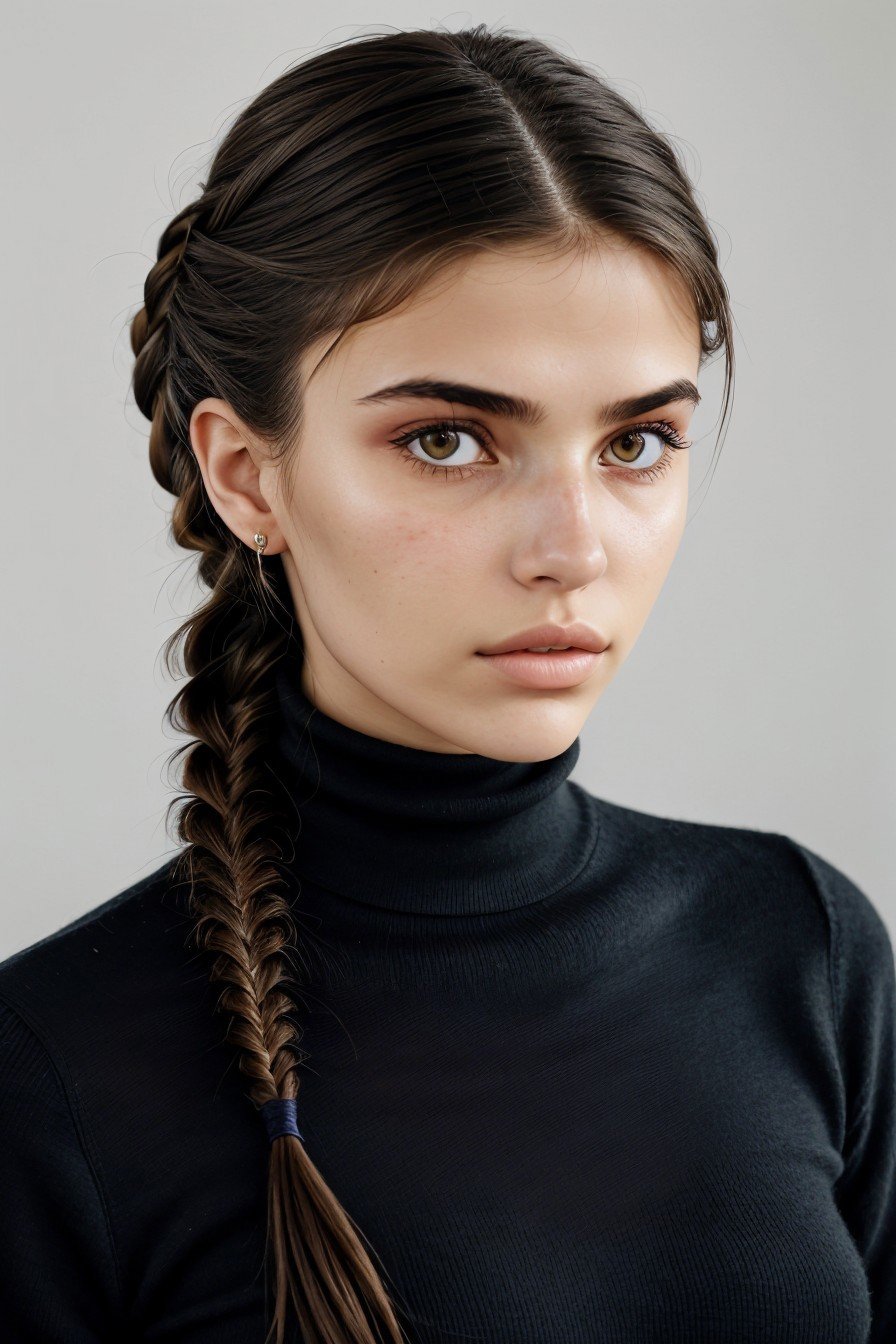 close range of realistic photo of <lora:sd15_CharlotteDalessio_locon_24_v1:.9> CharlotteDalessio, focus on face, wearing a turtleneck , her hair is styled as messy fishtail braid,