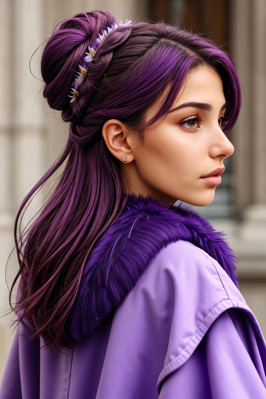 headshot of realistic photo of <lora:sd15_CharlotteDalessio_locon_24_v1:.9> CharlotteDalessio makeup, focus on face, from behind wearing a feather jacket , her spanish violet color hair is styled as crown bun,