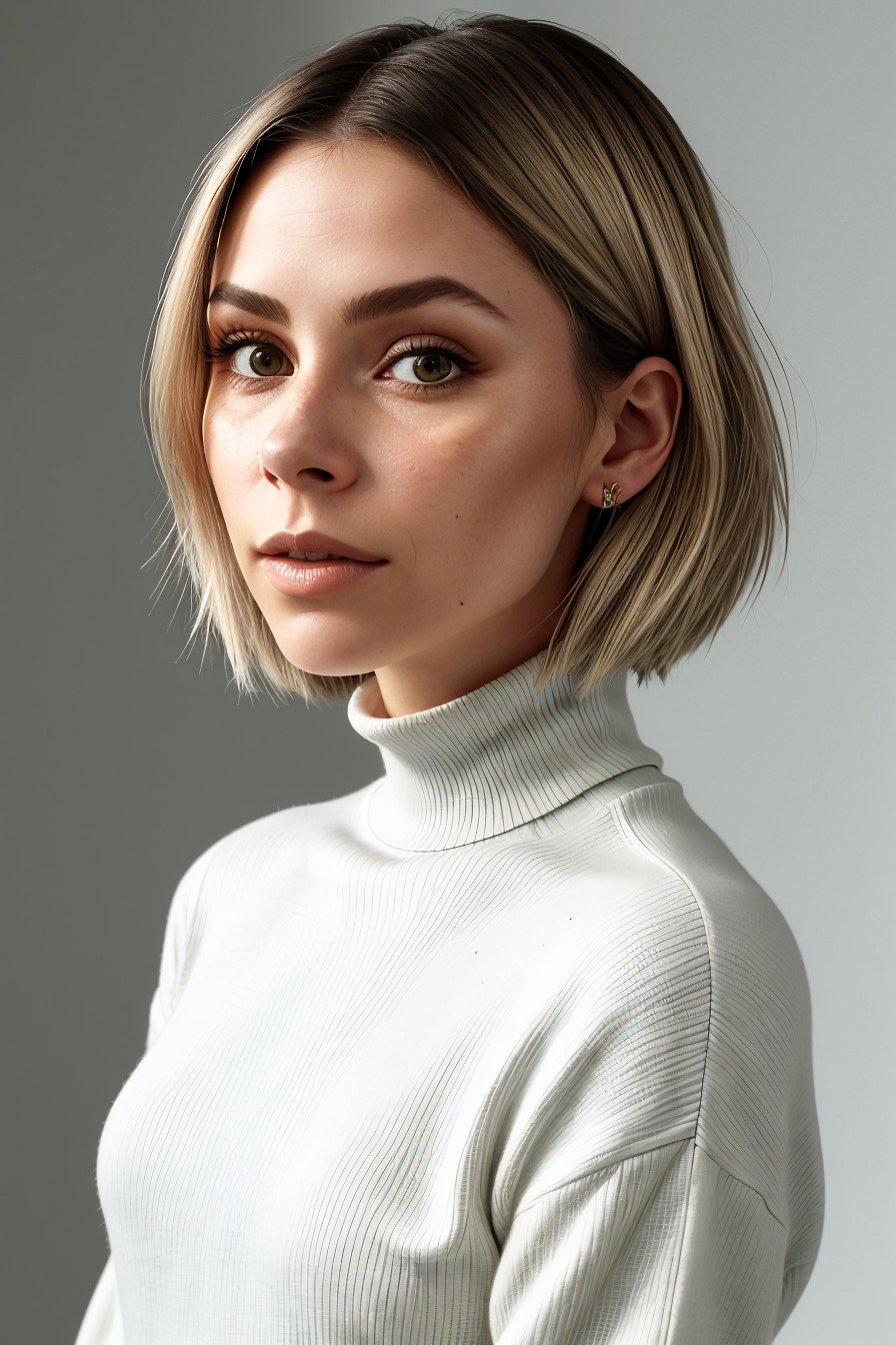 headshot of realistic photo of <lora:sd15_LenaMeyerLandrut_locon_24_v1-000016:.9> LenaMeyerLandrut, focus on face, wearing a turtleneck , her light ivory color hair is styled as blunt shoulder-length hair,