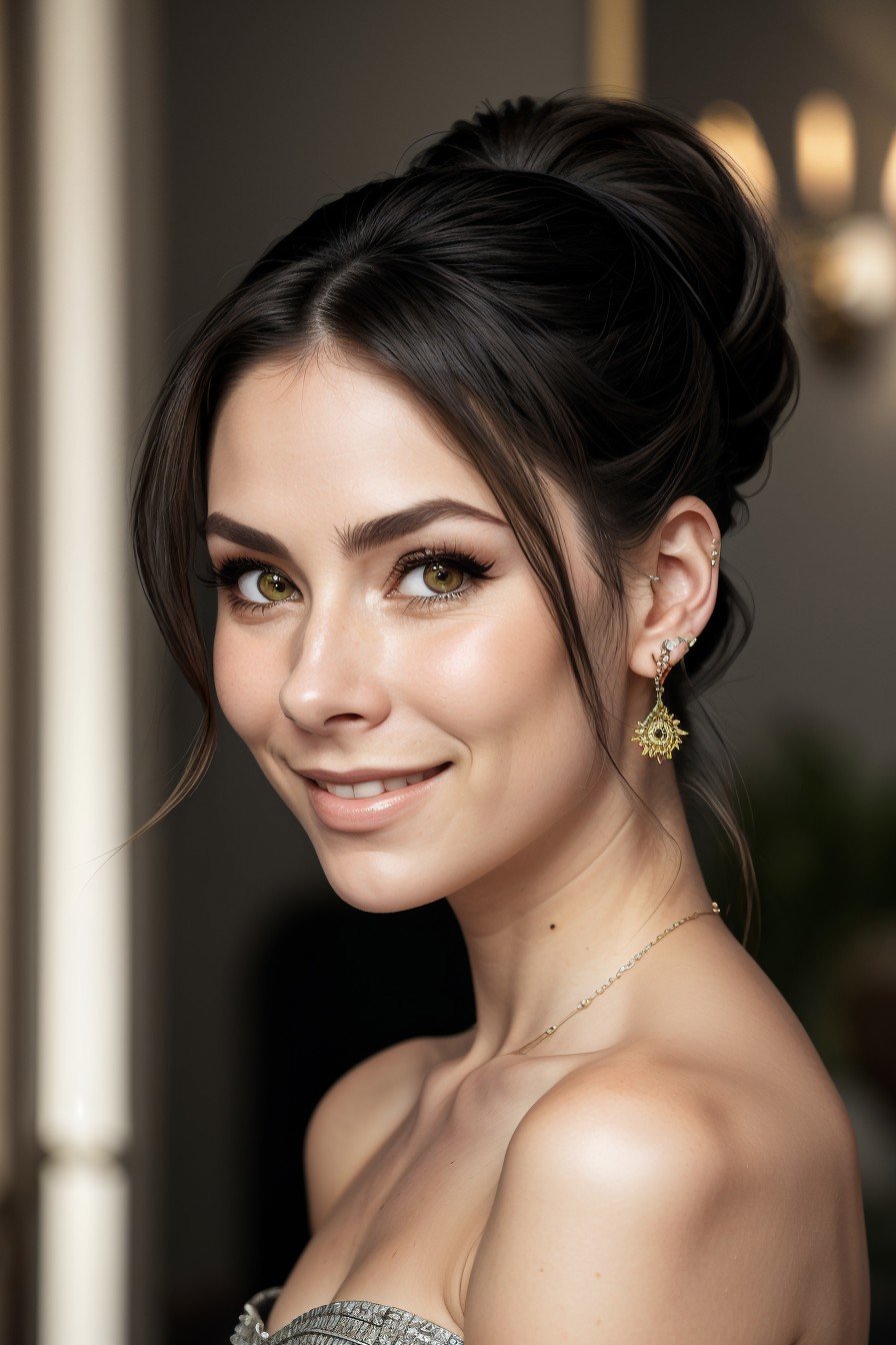 realistic photo of <lora:sd15_LenaMeyerLandrut_locon_24_v1-000016:.9> LenaMeyerLandrut, focus on eyes, close up on face, grinning, wearing jewelry, hair styled as bouffant ponytail,