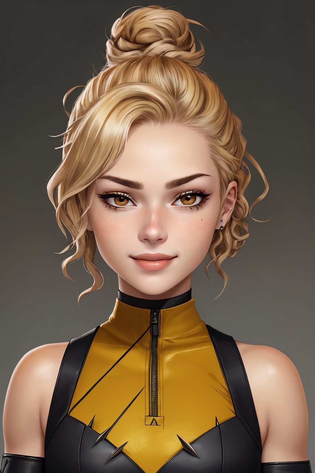 (eye level, closeup on face:1.2) photo of <lora:GeorgiaEllenwood_v3:.9> GeorgiaEllenwood,smiling,she is wearing dotera,she is wearing spiked gloves,her hair is styled as Curly Messy Bun,BREAK she is (presenting a business proposal:1.1),direct flash photography,Kodak Vision3 IMAX,