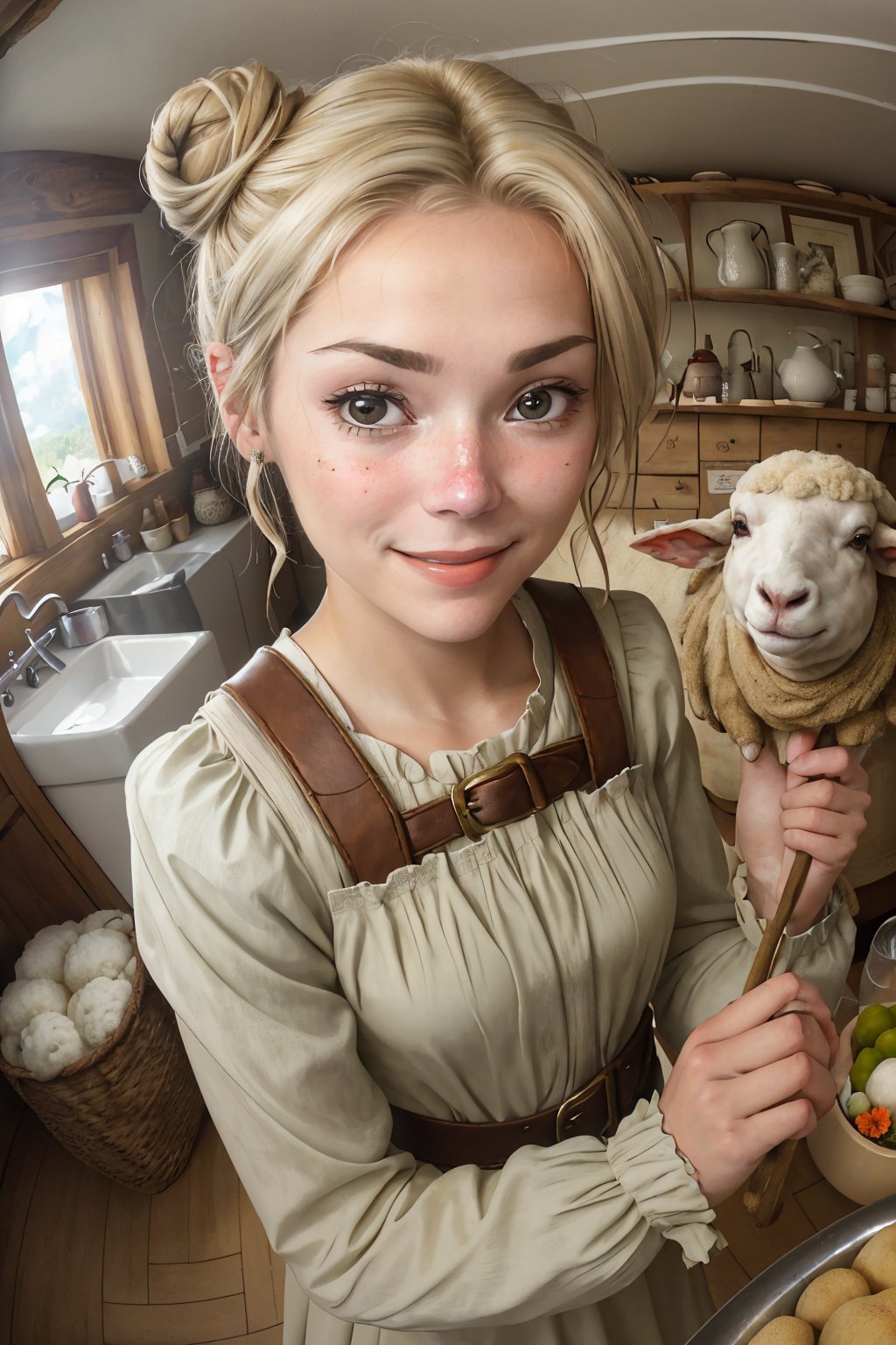 (shot from a Dutch angle, closeup on face:1.2) photo of <lora:GeorgiaEllenwood_v3:.9> GeorgiaEllenwood,smiling,she is wearing sheep costume,she is wearing buckle,her hair is styled as Straight Messy Bun,BREAK she is (in the scullery:1.1),soft natural lighting,8mm fisheye lens,neutral density filter,Fujicolor Pro,