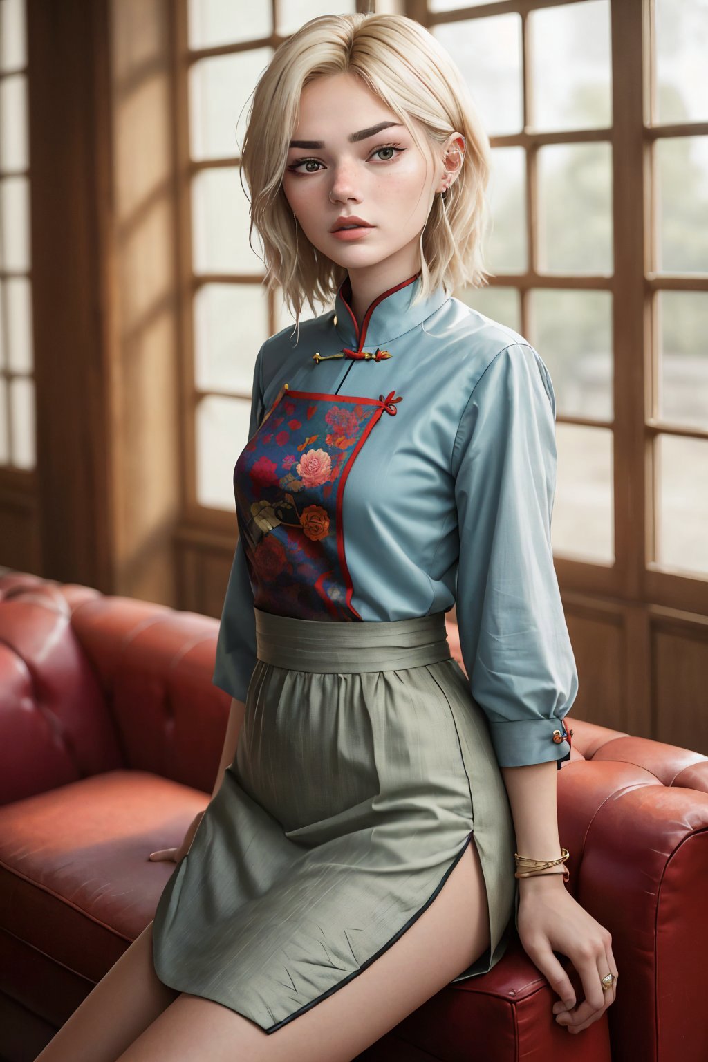 (eye level, headshot:1.2) photo of <lora:GeorgiaEllenwood_v3:.9> GeorgiaEllenwood,she is wearing chinese clothes,she is wearing bangle,her hair is styled as blunt cut hair,BREAK she is (in the living room:1.1),overcast flat lighting,50mm,technicolor,