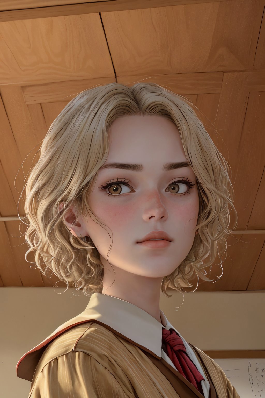 (from below, closeup on face:1.2) photo of <lora:GeorgiaEllenwood_v3:.9> GeorgiaEllenwood,she is wearing meiji schoolgirl uniform,she is wearing hair ornament,her hair is styled as curly shag hair,BREAK she is (in the granny flat:1.1),chiaroscuro,shot on (RED:.6) camera,