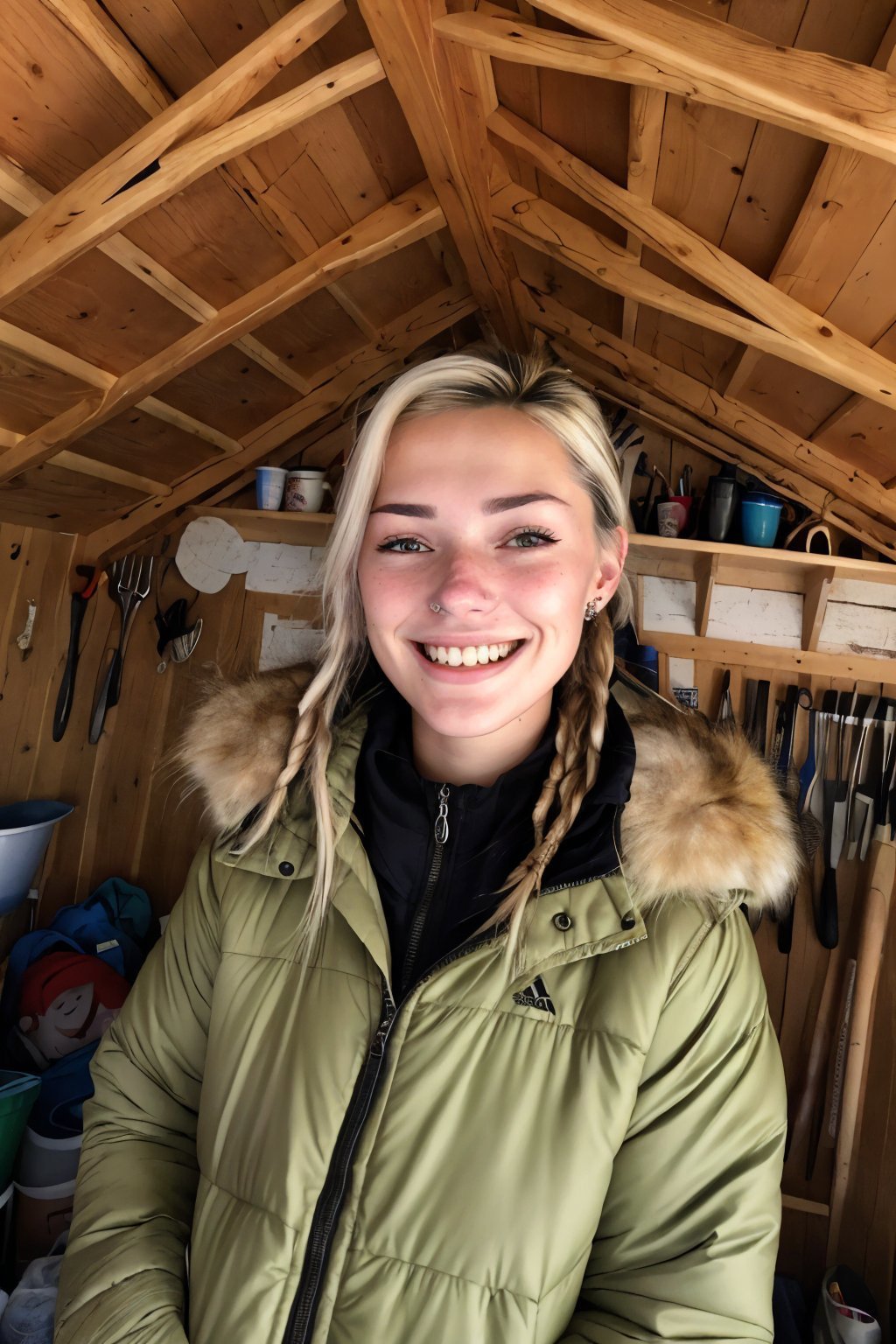 (high angle, closeup on face:1.2) photo of <lora:GeorgiaEllenwood_v3:.9> GeorgiaEllenwood,smiling,she is wearing  winter coat,she is wearing piercing,her hair is styled as side braid,BREAK she is (in the shed:1.1),radiant god rays,8mm fisheye lens,