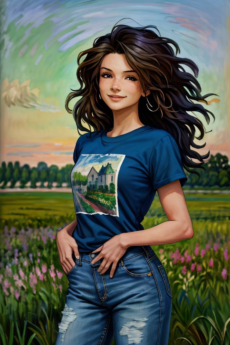 (impressionist landscape, brush strokes, atmospheric, Monet style:1.15), headshot of <lora:sd15_AliceGreczyn_locon_64_v1-000050:1> AliceGreczyn, focus on smiling face, wearing a tshirt and jeans , her hair is styled as center-parted hair,