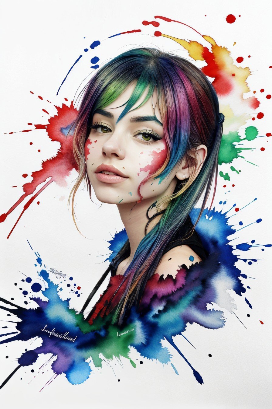 realistic photo of <lora:sd15_LeaEluiGinet_locon_64_v1:1> LeaEluiGinet, ink splash, colorful, watercolor