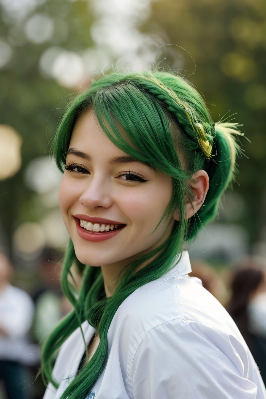 cinematic photo, 35mm photograph, film, bokeh, professional, 4k, highly detailed, realistic photo of <lora:sd15_LeaEluiGinet_locon_64_v1:1> LeaEluiGinet, focus on eyes, close up on face, laughing, apple green color hair styled as high volume pixie,