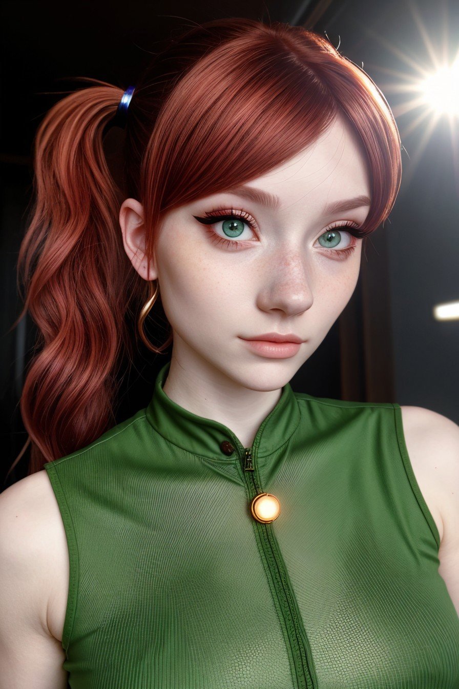 realistic photo of <lora:sd15_LiluCinnamon_locon_24_v1-000016:.9> LiluCinnamon, focus on eyes, close up on face, wearing jewelry, lichen color hair styled as wrapped ponytail, lens flare