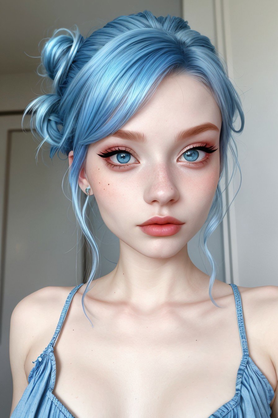 realistic photo of <lora:sd15_LiluCinnamon_locon_24_v1-000016:.9> LiluCinnamon, focus on eyes, close up on face, wearing jewelry, Pale Cornflower Blue hair styled as messy bun,