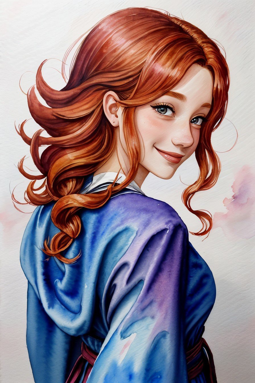 ((watercolor painting:1.2), soft, vibrant, blended, hand-painted:1.15), headshot of <lora:sd15_LiluCinnamon_locon_24_v1-000016:.9> LiluCinnamon, focus on smiling face, from behind wearing a mage robe , her hair is styled as Curly Side Swept Hair,