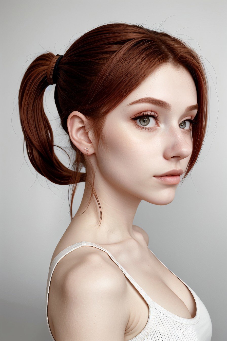 half-body of realistic photo of <lora:sd15_LiluCinnamon_locon_24_v1-000016:.9> LiluCinnamon, focus on face, side view wearing a thin sweater , her hair is styled as textured ponytail,