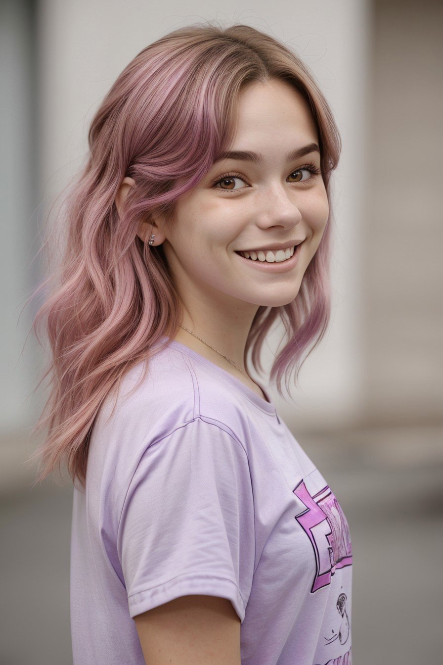 headshot of realistic photo of <lora:sd15_MakenzieRaine_locon_64_v1-000007:1> MakenzieRaine, focus on smiling face, side view wearing a t-shirt dress , her pink lavender color hair is styled as curly shag hair,