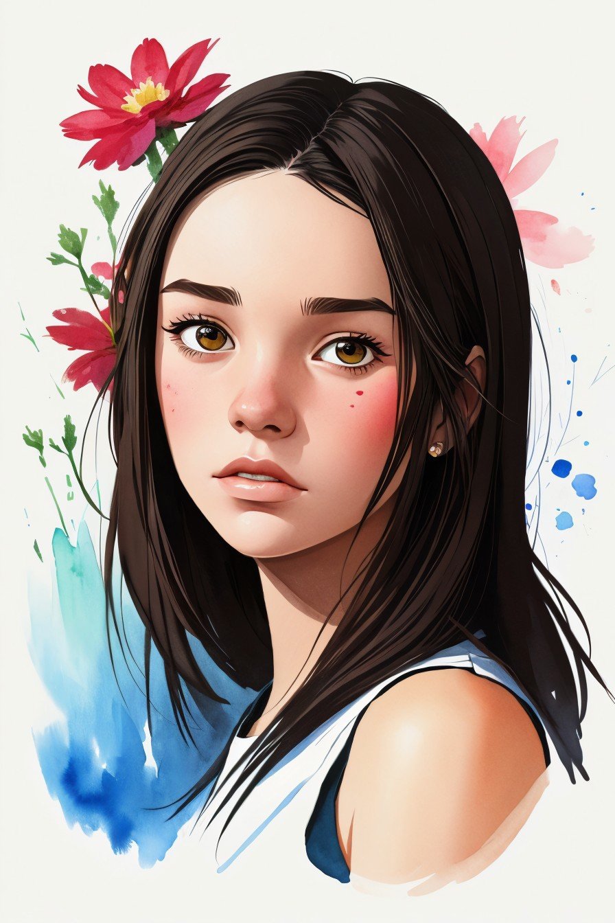 (style of James Gilleard:1.15), watercolor style portrait of <lora:sd15_MakenzieRaine_locon_64_v1-000007:1> MakenzieRaine, face, eyes, flower symbols