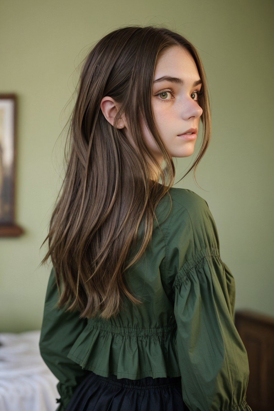 upper-body of realistic photo of <lora:sd15_MakenzieRaine_locon_64_v1-000007:1> MakenzieRaine, focus on face, from behind wearing victorian clothing , her olive drab green color hair is styled as choppy layers hair,