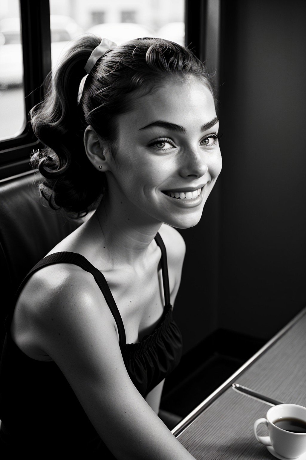 (high angle, headshot:1.2) photo of <lora:sd15_ElizabethTurner_mini_v1:.9> ElizabethTurner, smiling, she is wearing tabi, her hair is styled as curly ponytail, BREAK she is (sitting at a 50s diner:1.1), silhouetted against the window, shot on HOLGA 120n, _ ,