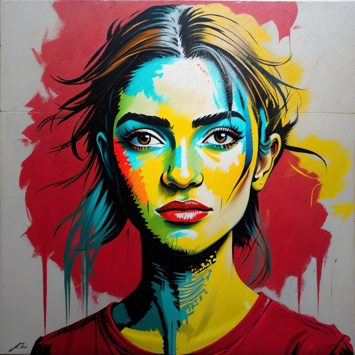 (street art style, urban, vibrant, stencil art, highly detailed:1.15), oil painting style portrait of <lora:sd15_EveDumon_locon_64_v1-000015:1> EveDumon, face, eyes, tulip symbols