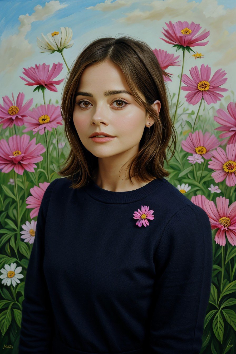 oil painting style portrait of realistic photo of <lora:sd15_JennaColeman_locon_64_v1-000023:1> JennaColeman, face, eyes, flower symbols