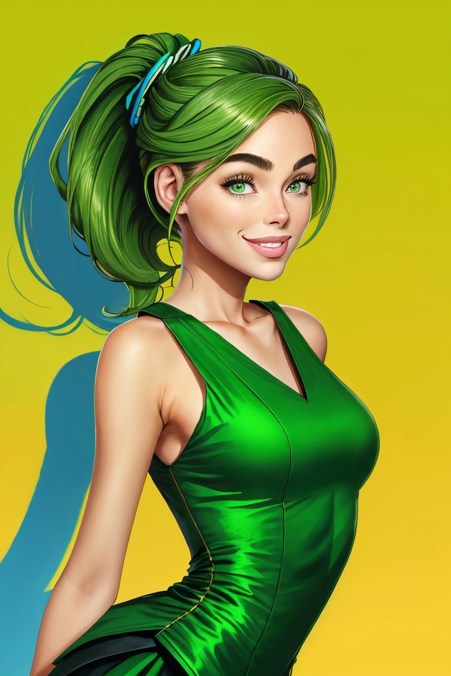 (style of David Mattingly:1.15), (long shot:1.4), <lora:sd15_ElizabethTurner_locon_64_v2-000022:1> ElizabethTurner, huge smile, pear green color hair styled as topsy tail chignon