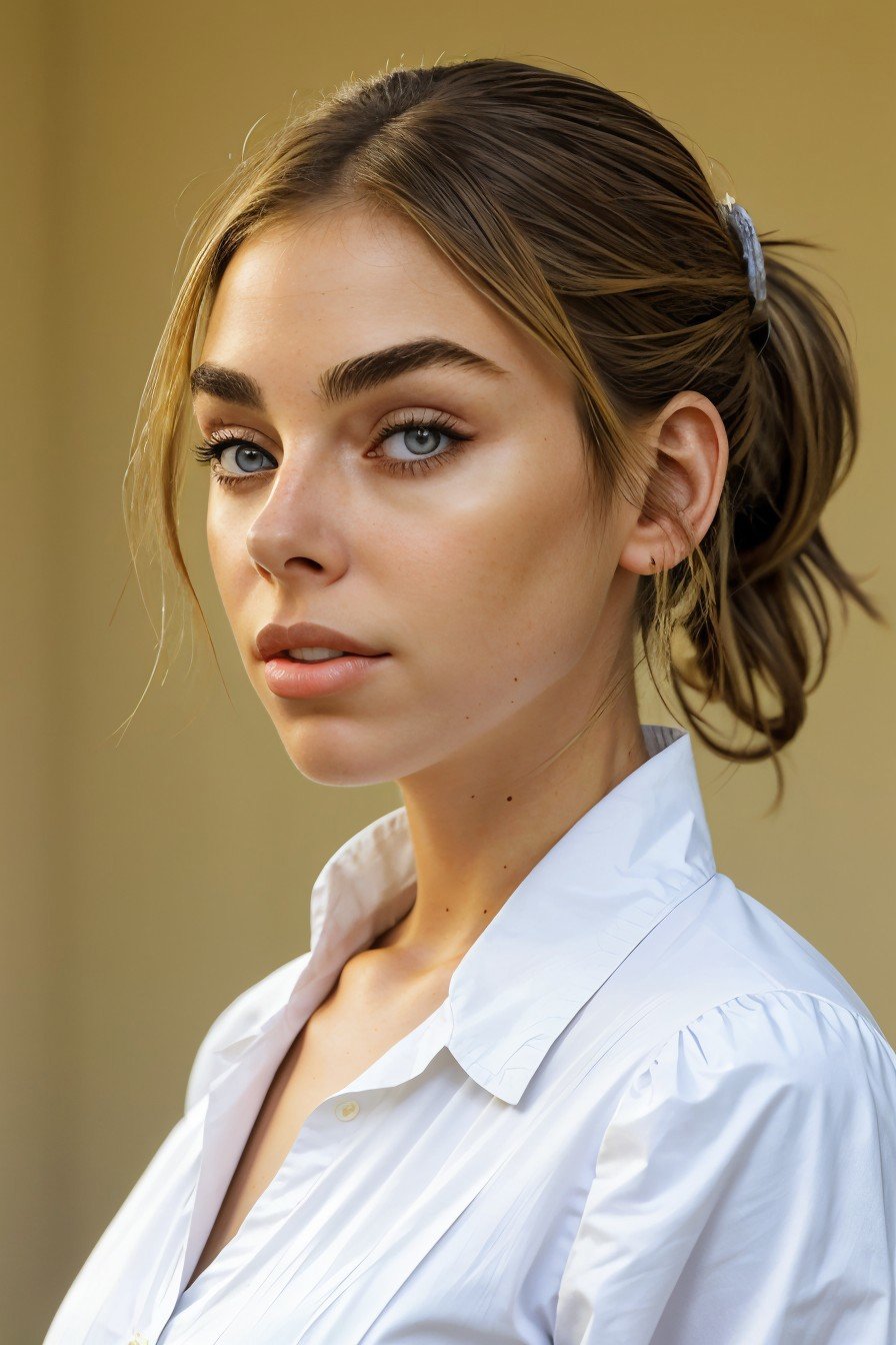 half-body of realistic photo of <lora:sd15_ElizabethTurner_locon_64_v2-000022:1> ElizabethTurner, focus on face, wearing victorian clothing , her hair is styled as wrapped ponytail,