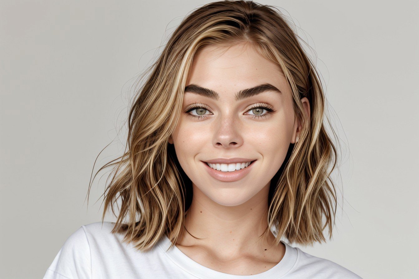 headshot of realistic photo of <lora:sd15_ElizabethTurner_locon_64_v2-000022:1> ElizabethTurner, focus on smiling face, wearing a tshirt and jeans , her color gold hair is styled as loose waves hair,