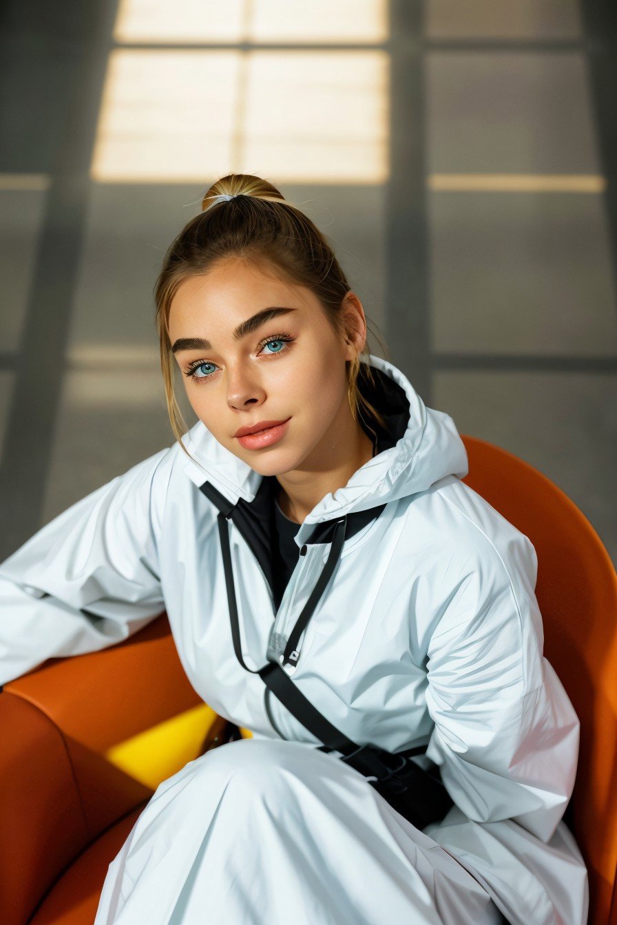 romantic style, dramatic, emotional, nature, highly detailed, (from above, headshot:1.2) of realistic photo of <lora:sd15_ElizabethTurner_locon_64_v2-000022:1> ElizabethTurner, smiling, she is wearing hazmat suit , her hair is styled as twisted ponytail hair, BREAK she is (sitting in a comfy chair at the library:1.1), soft fill lighting, Kodak Vision3 IMAX ,long exposure,shot on Sony A7III ,50mm , in the style of Miles Aldridge