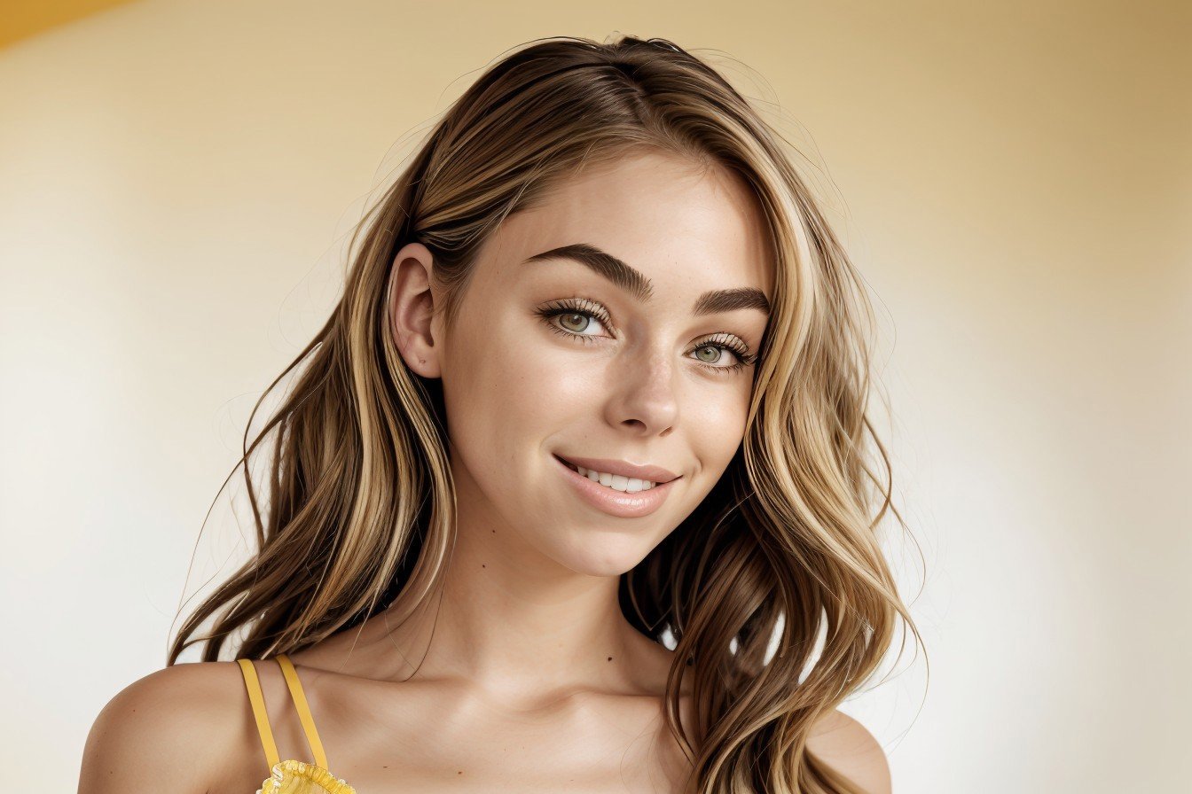 headshot of realistic photo of <lora:sd15_ElizabethTurner_locon_64_v2-000022:1> ElizabethTurner, focus on smiling face, wearing a maid dress <lora:victorian_maid-1.0:0.8> , her dark yellow hair is styled as mermaid waves hair,