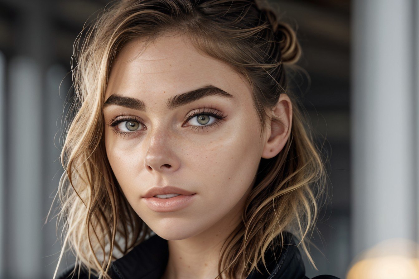 realistic photo of <lora:sd15_ElizabethTurner_locon_64_v2-000022:1> ElizabethTurner, focus on eyes, close up on face, fog color hair styled as Top Knot with Curly Hair, lens flare