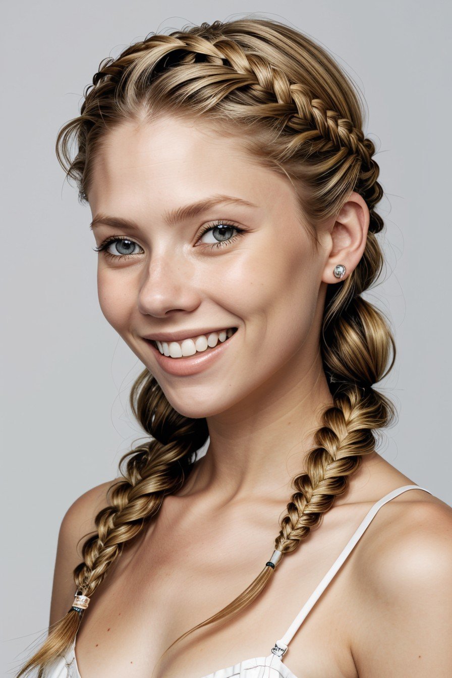 realistic photo of <lora:sd15_BeritBirkeland_locon_48_v1-000012:1> BeritBirkeland, focus on eyes, close up on face, huge smile, hair styled as fishtail crown braid,