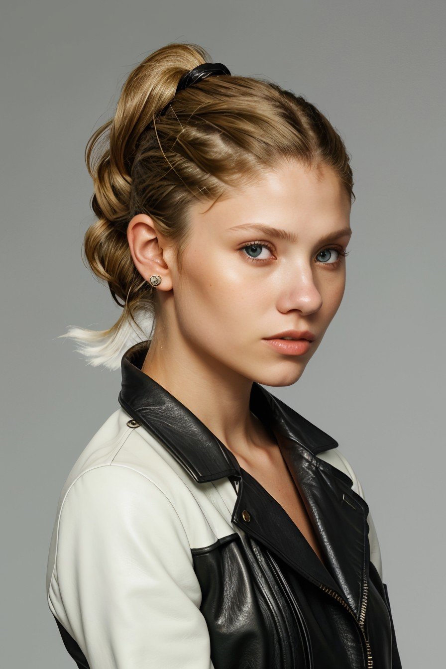 headshot of realistic photo of <lora:sd15_BeritBirkeland_locon_48_v1-000012:1> BeritBirkeland, focus on face, side view wearing a leather jacket , her hair is styled as Curly Ponytail,