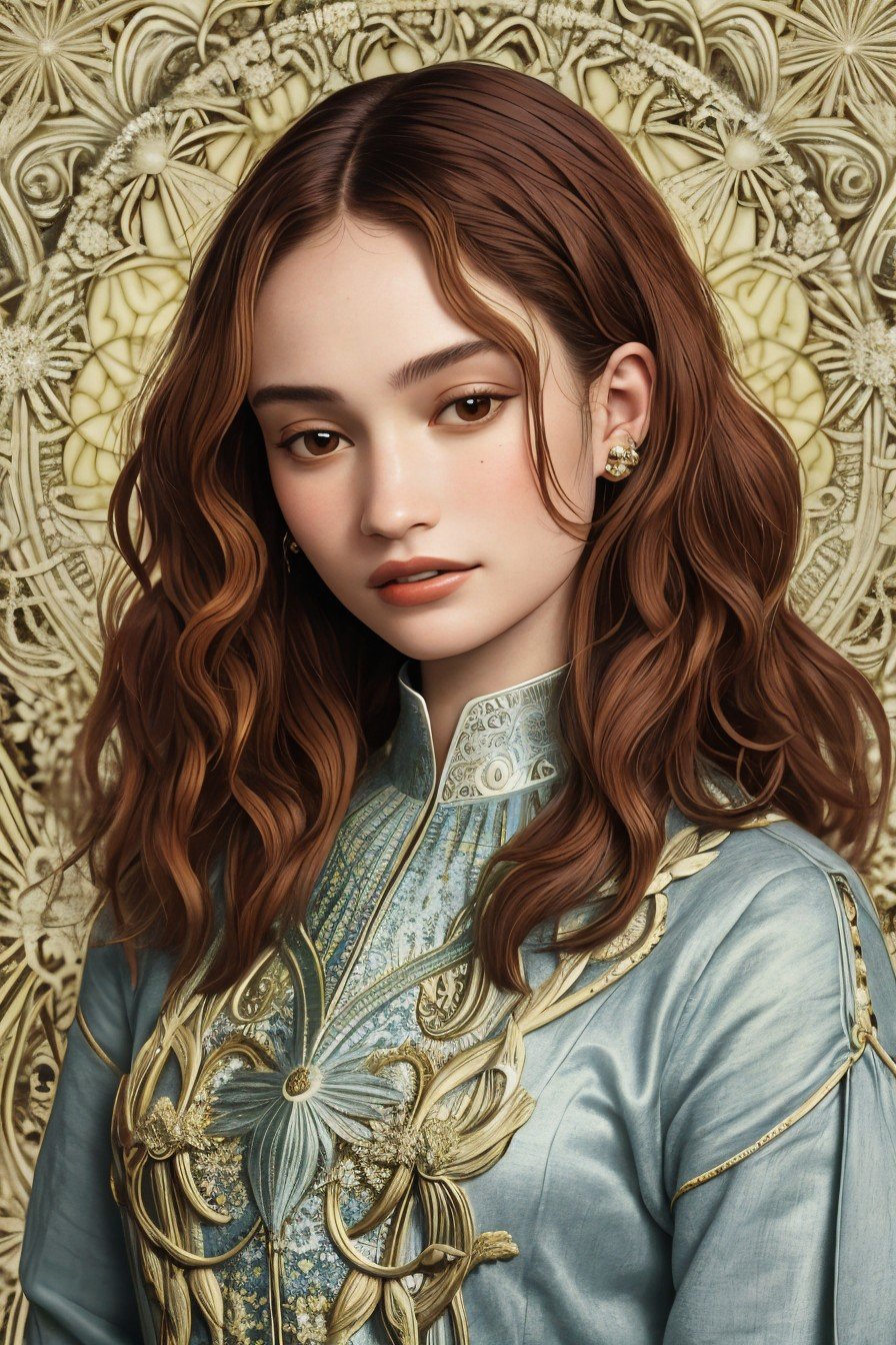 (style of Ernst Haeckel:1.15), close range of <lora:sd15_LilyJames_locon_64_v1-000016:1> LilyJames, focus on smiling face, wearing a thin sweater , her sage color hair is styled as curly layers hair,